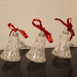 3 fancy Lace look glitter Bells 3" Ornaments Blown Glass West Germany